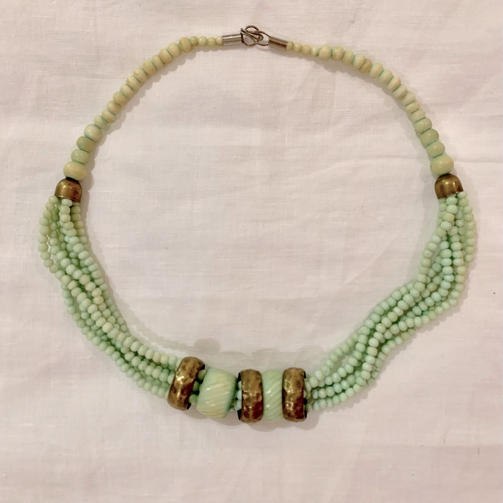 Vintage Celadon Green and Brass Necklace